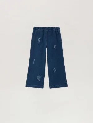 Letters Washed Wide-Leg Medium Blue Denim Pant-1
