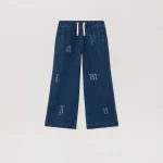 Letters Washed Wide-Leg Medium Blue Denim Pant