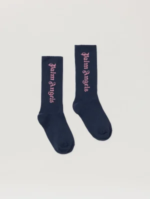Logo Embroidered Navy High Socks