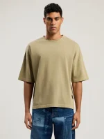 curved-logo-loose-collar-army-green-t-shirt-1